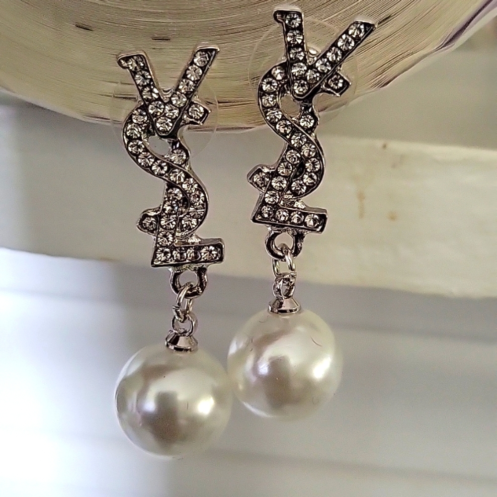 Elegant Silver Tone and Faux Pearl Drop Earrings Pierced